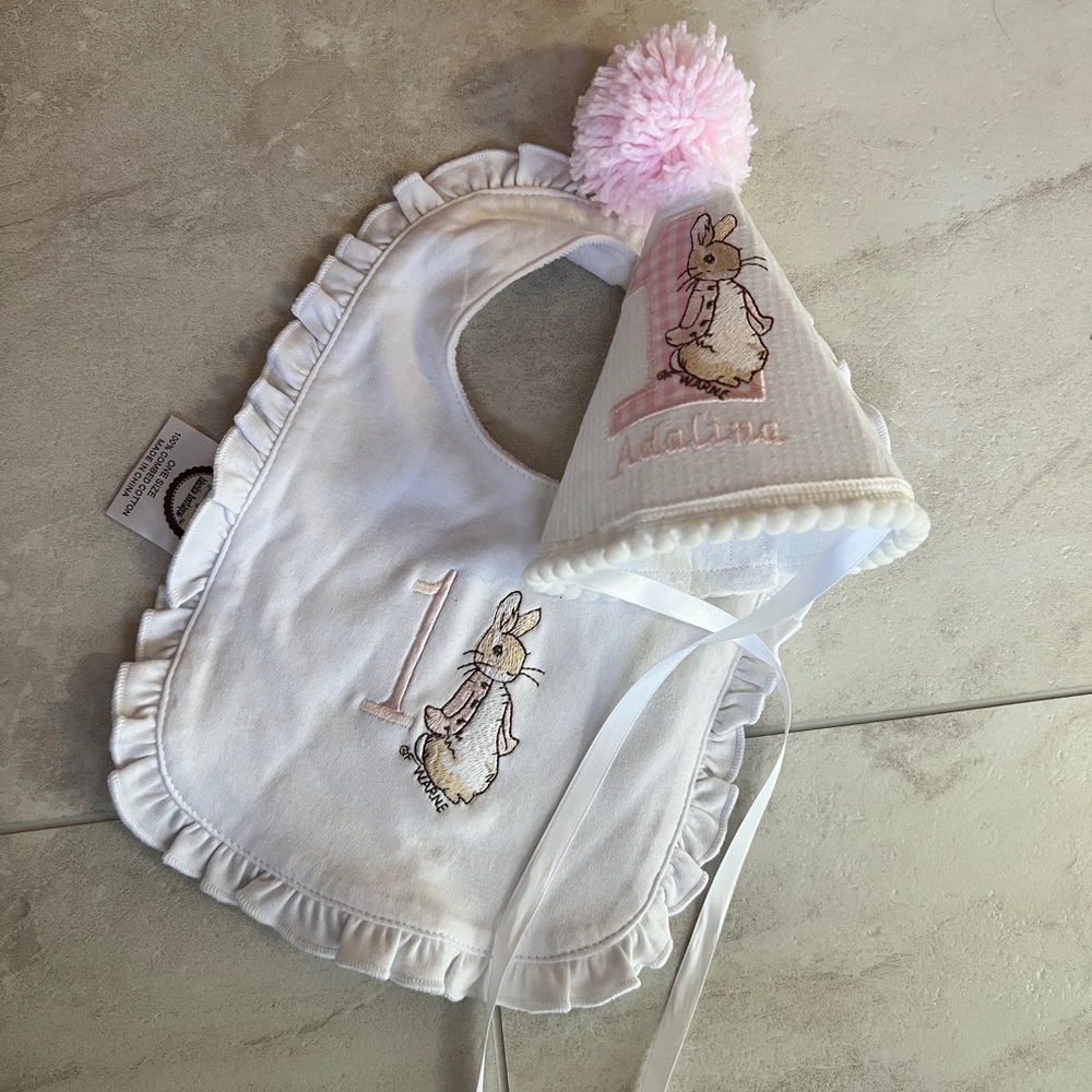 Blank’s boutique Peter rabbit birthday party hat and bib Adalina
